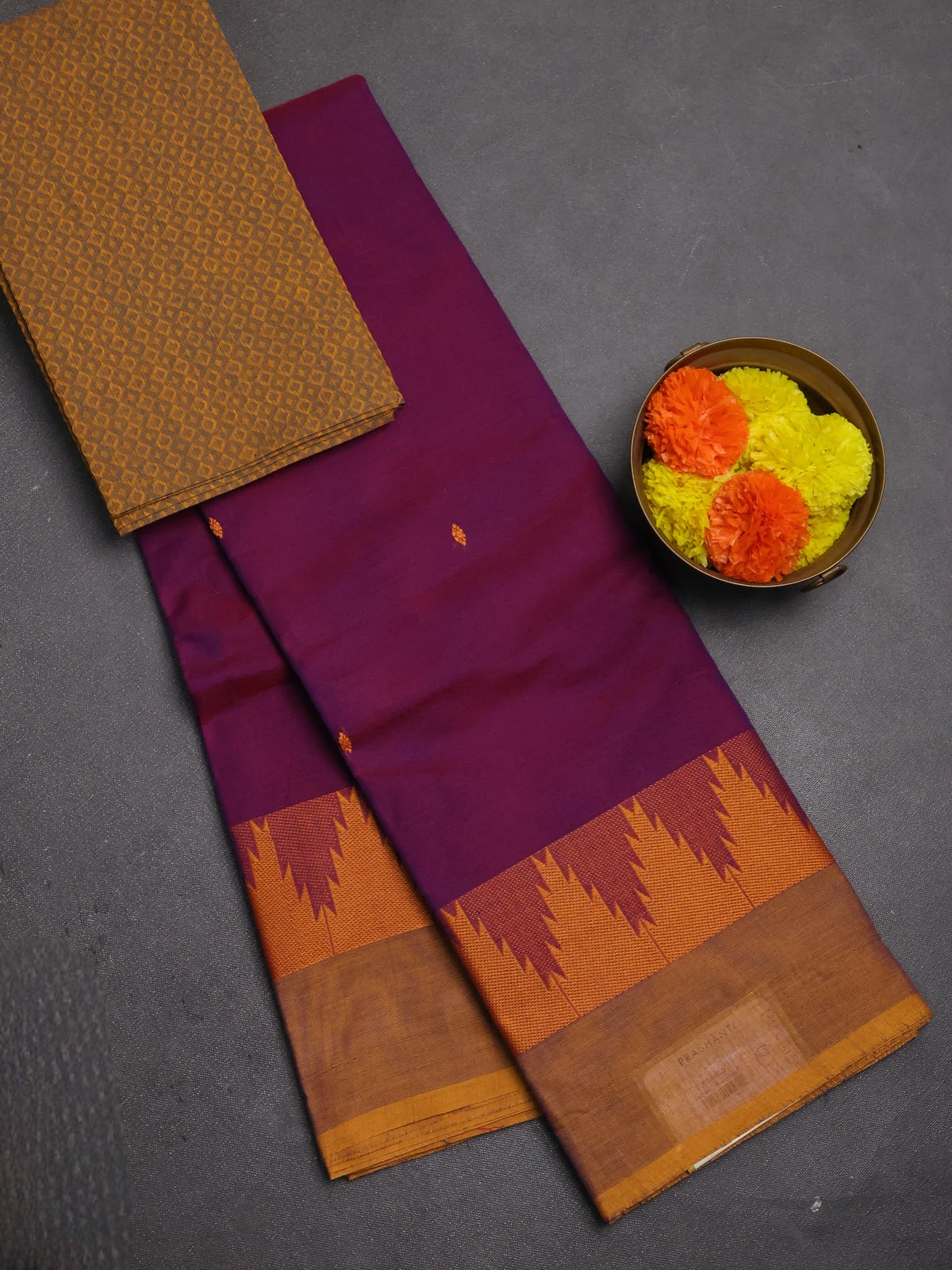 Purple and Dark Mustard Temple Design Chettinad Cotton Saree